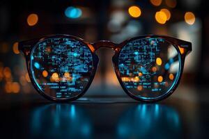 Digital Data Reflections on Glasses in Modern Abstract Background for Technology Designs photo