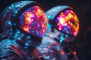 Galactic Reflection Surreal Astronauts with Cosmic Visors in Vibrant Nebulae photo
