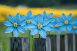 Vibrant Blue Flowers Against Wooden Fence in a Summer Garden Setting photo