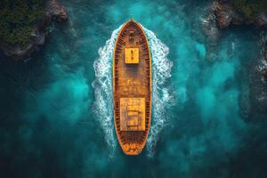 Aerial View of Vintage Rusty Ship Sailing in Turquoise Waters Surrounded by Rocky Cliffs photo