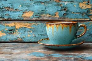 Rustic Charm with Vintage Teal Coffee Cup on Distressed Wooden Surface photo