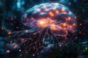 Futuristic Neural Network Conceptual Art - Glowing Bio-Luminescent Brain Design photo