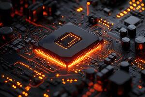 High-Tech Circuit Board with Glowing Microchip Design for Electronic Innovation photo