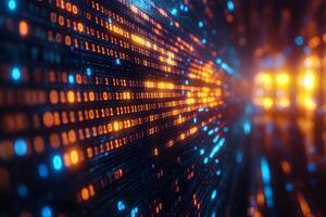 Binary Code Wall with Glowing Digital Data Nodes in Motion photo
