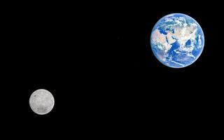 Earth and moon in space against a black background photo