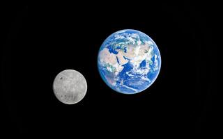 Earth and moon in space against black background showing planetary contrast photo