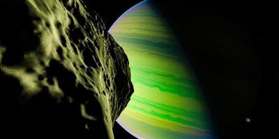 Close-up view of a rocky asteroid with a striped green planet in the background photo