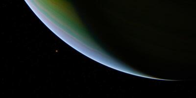 Stunning view of gas giant planet with atmospheric gradient and distant star photo