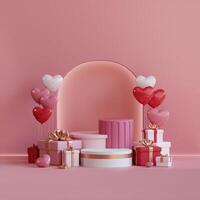 3D rendering of Romantic Day scene with gift boxes, heart shaped balloons, and pink and red color scheme. Ideal for product display or romantic themed designs. photo