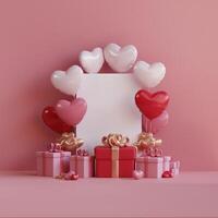 3D rendering of a Pink Day scene with heart shaped balloons, gifts, and a blank card for your message. photo