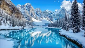 Frozen Lake Reflecting Snow-Covered Mountains and Pines photo