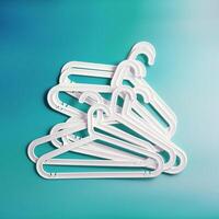 Group of White Plastic hangers as minimal layout on soft gradient background of teal tones, Clothes rack for organizing clothes in closets or retail stores for hanging of garments, top view photo