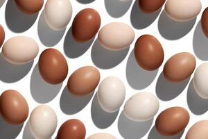 Top view Brown Eggs with shadows in white background, minimal trend food pattern from assorted natural Chicken egg with natural beige brown color eggshells, Easter food celebration concept, flatlay photo