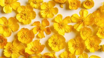 Top view Yellow flowers Buttercup on pastel beige background, minimal monochrome aesthetic floral banner. Beautiful nature still life with wildflower, flowery design, textured nature pattern photo