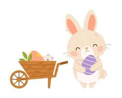 Easter bunny rabbit with wheelbarrow of eggs. Flat isolated illustration vector