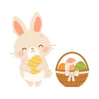 Easter bunny rabbit with basket of eggs. Flat isolated illustration vector