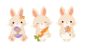 Set of cute little bunnies with carrot, easter egg and flowers. Flat isolated illustration vector