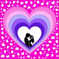 Romantic Silhouette in Heart Layers with Pink and Purple Gradient on Heart Pattern Background vector