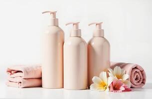 3 blank shampoo bottles of beige color on a white background with folded towels and fresh flowers photo