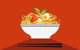 A bowl of pasta with eggs and tomatoes on a red background vector