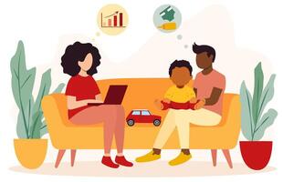 A family sitting on a couch with a laptop and a child vector