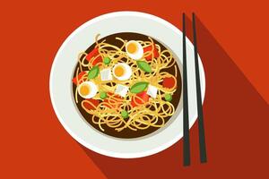 A plate of noodles with chopsticks on a red background vector