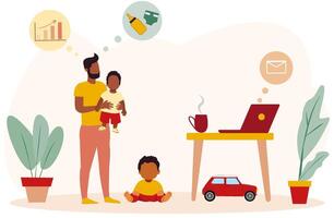 An illustration of a man and his child sitting at a desk with a laptop and a car vector