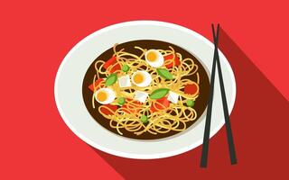Noodles with egg and vegetables on a plate with chopsticks vector