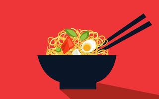 A bowl of noodles with chopsticks on a red background vector