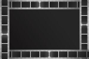 Shiny silver filmstrip frame on dark background. Movie film strip frame template design with place for text vector