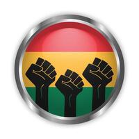 Pin button with red, yellow, green colored flag and raised fists. Black history month celebration. Round badge with silver frame vector