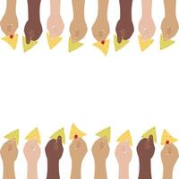 Womens and Mens Hands various nationalities hold spinach or corn nachos Top and Bottom Frame border. Isolated illustration Thematic cards or web promo banner, leaflets, print materials or tags vector