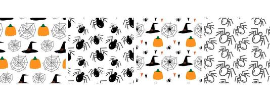 Witch Hats, pumpkins, Spiders and cobweb Seamless patterns. Halloween background Texture idea Set 4. Isolated illustration Wrapping, wallpaper or web promo banner, thematic cards, leaflet, tag vector