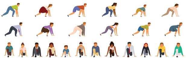Prepare start icons set. People ready to run a race starting from their marks vector