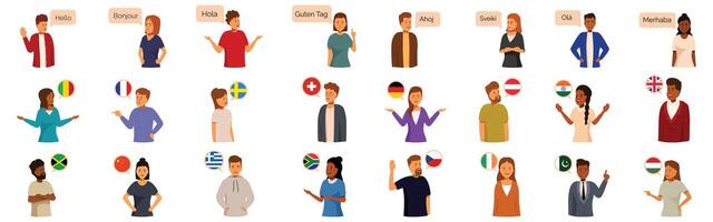 People speaking different languages icons set. People speaking different languages and representing different countries and cultures vector