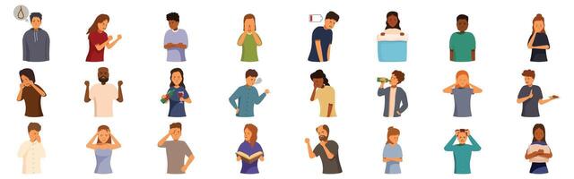 Depression symptoms icons set. Diverse individuals expressing negative emotions and physical symptoms, highlighting mental and physical health challenges vector