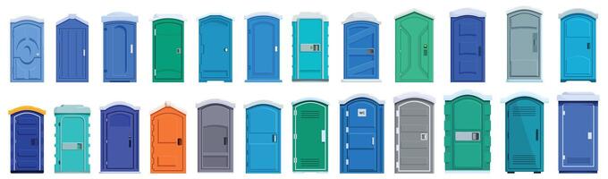 Bio toilet icons set. Set of portable toilets showing different colors and door styles covered with snow vector