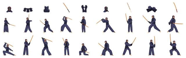 Kendo fighter icons set. Kendo fighter posing with shinai and equipment, various poses and movements vector