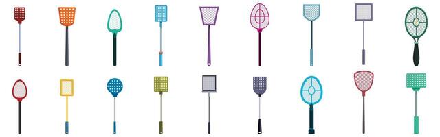 Fly swatter icons set. Flyswatter icons showing different shapes and colors for killing insects vector