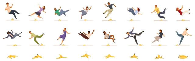 Slip banana peel icons set. People slipping and falling on banana peels, a set of cartoon characters experiencing comical mishaps vector
