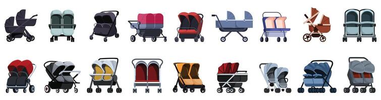 Double pram icons set. Double stroller representing different models for twins on white background vector