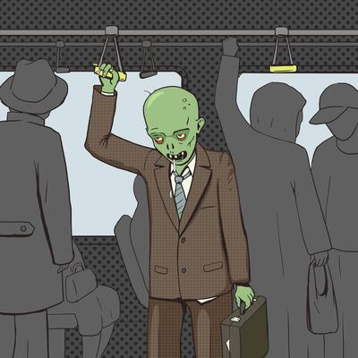 Zombie goes to work by public transport pop art style illustration. Comic book style imitation. Vintage retro style. Conceptual illustration