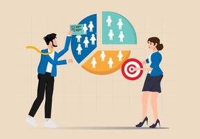 Marketing or advertising concept segment analysis, target audience, consumer or user group, businessman analyzing customer segment pie chart vector