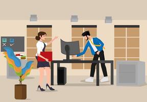 A man is in the office operating a computer and a woman is carrying a red folder vector