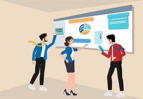 team meeting of two business men and one woman regarding project schedule monitoring and business planning concept vector