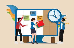 flat design concept of team of people working for business for schedule planning web landing banner background concept with online calendar, clock, task book and illustration vector