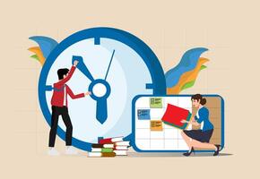 Flat illustration design of man and woman planning business concept and team of business people managing schedule Working with digital online calendar concept with precise time vector