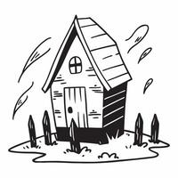 A simplistic black and white illustration of a small house with a fence for business use vector