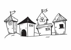Hand drawn illustration of four different cartoon houses with flags for business use vector