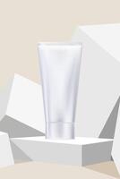 Beige background,Studio background 3d product display mockup with cosmetic tube on white podium stage showcase,Empty minimalistic background square pedestal. Platforms stand for product presentation vector